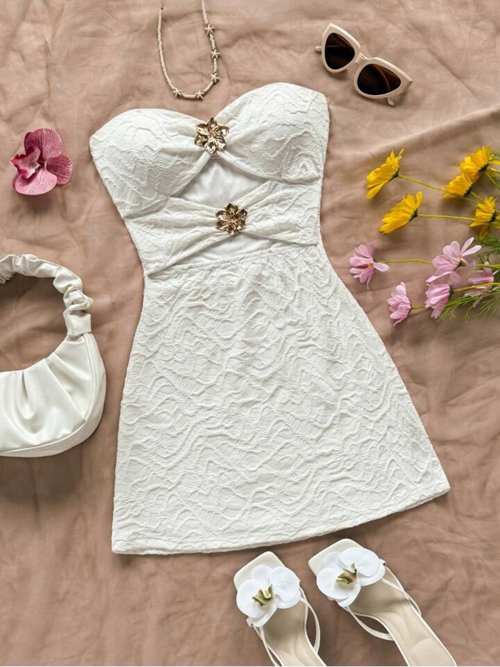 Strapless White Textured Mini Dress with Gold Floral Accents